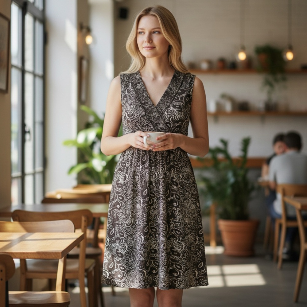Sonoma Elegant Black and White Paisley Midi Dress